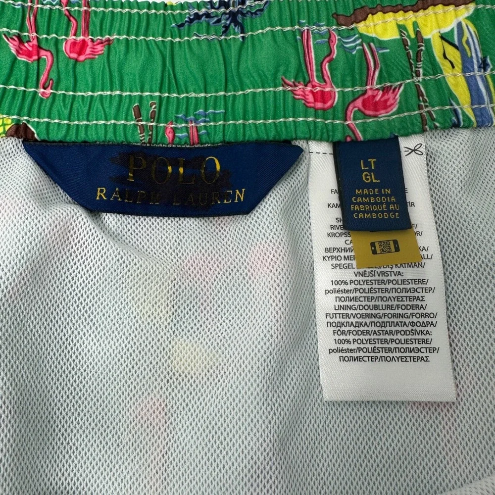 POLO RALPH LAUREN Green Traveler Lined Swim Trunks Pockets Flamingo Surf Size LT